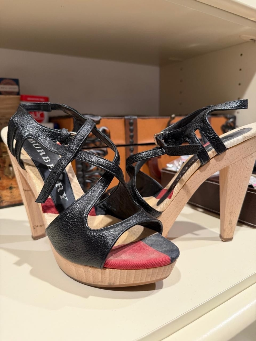 Burberry Black Leather Sandals with Wood-Tone Platform